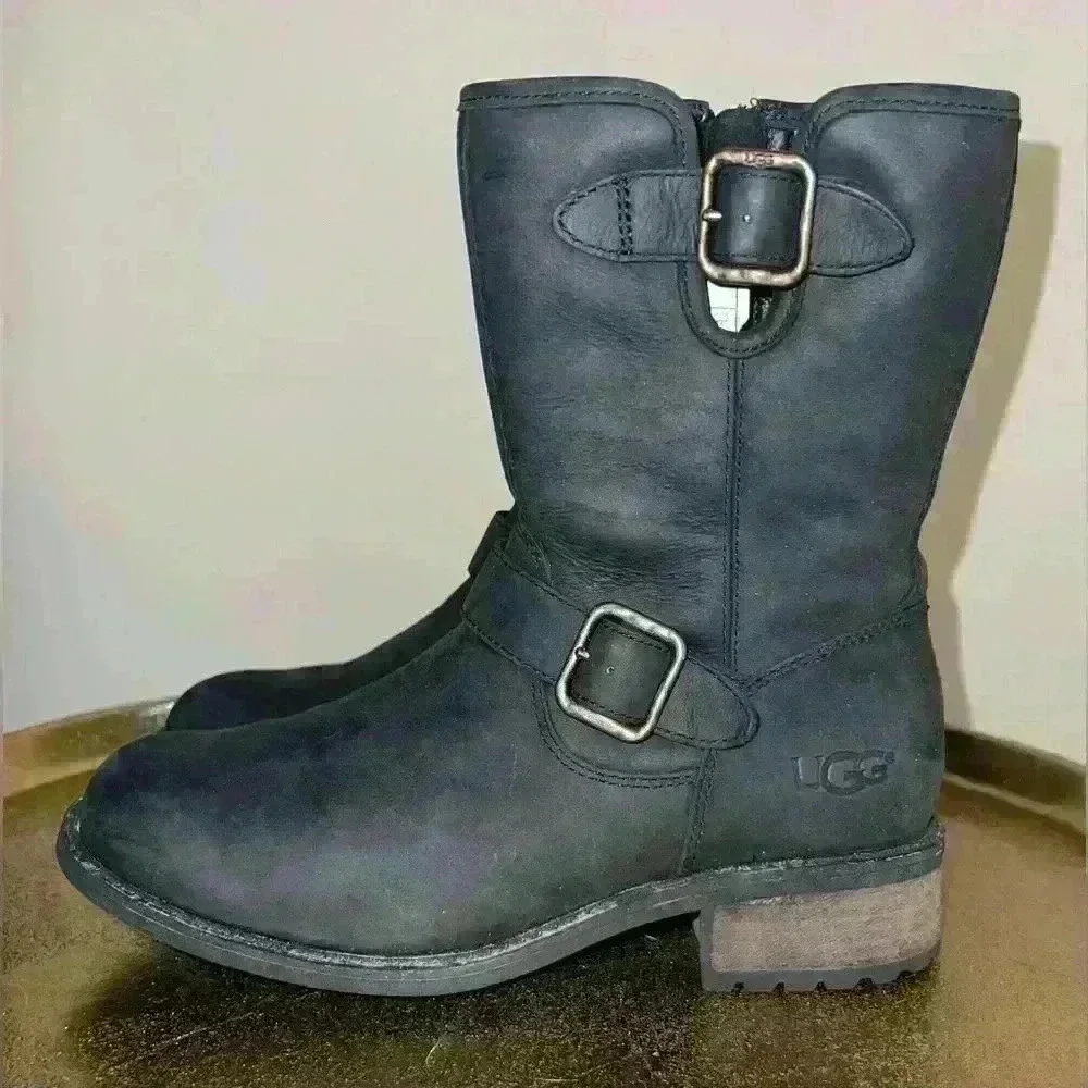 UGG Chaney Oiled Leather Boot in Black with Zipper and Buckle Details